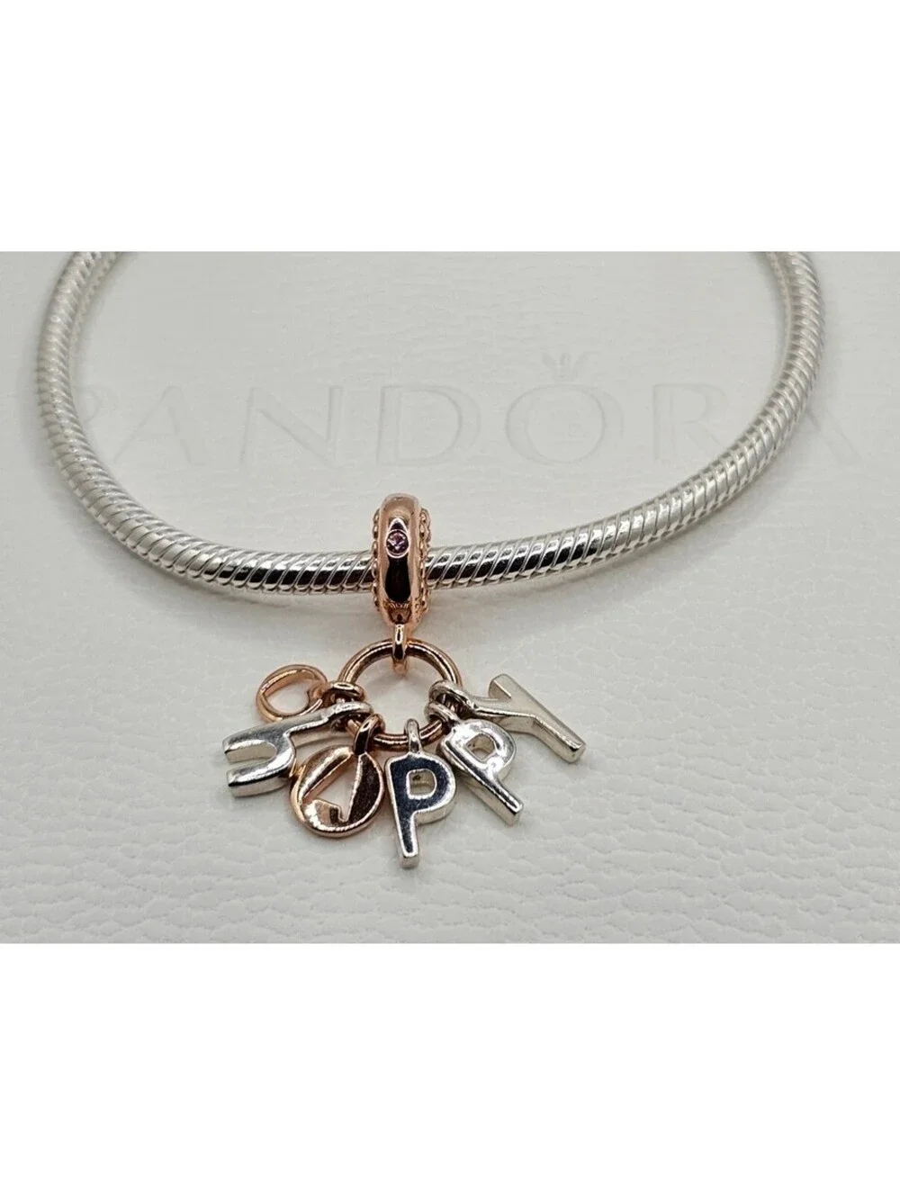 Retired Authentic Pandora Rose gold and silver HAPPY Letters Dangle Charm